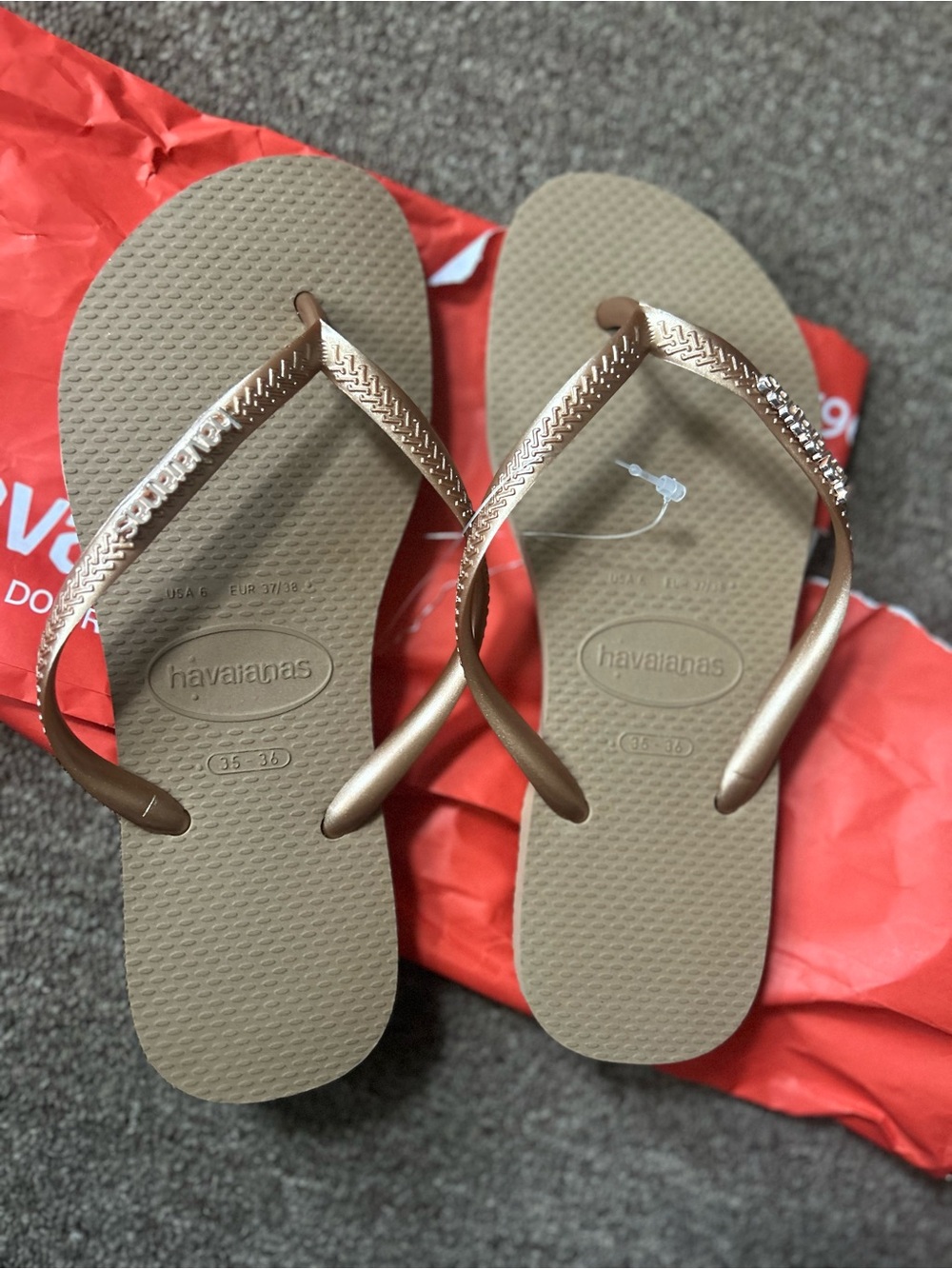 Havaianas Slim Flip Flops in Metallic Bronze and Rose gold